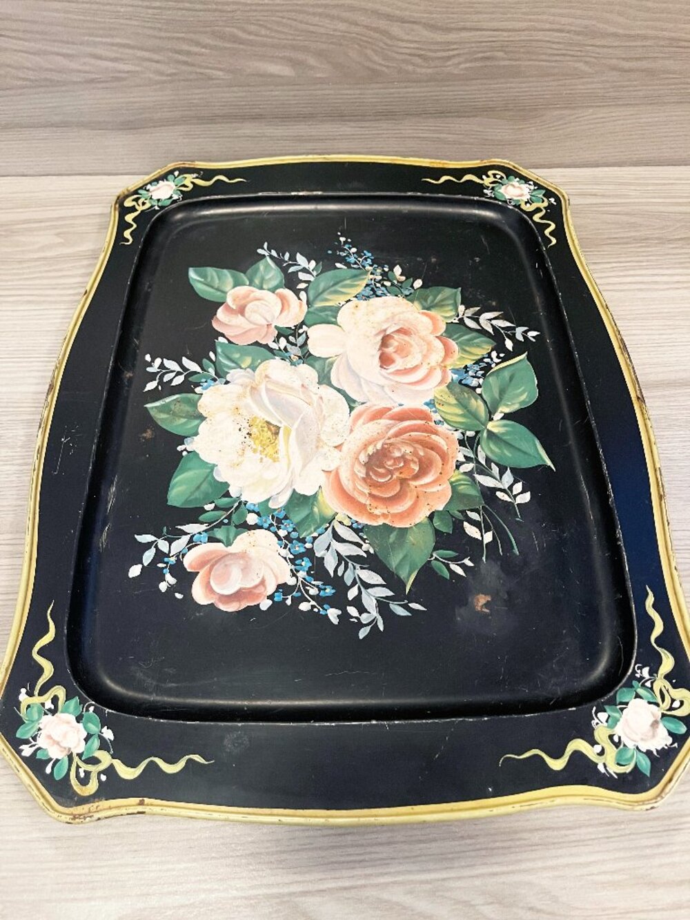 Vintage Black Floral Metal Serving Tray Pink Roses Gold Trim 18” x 14” Cottage